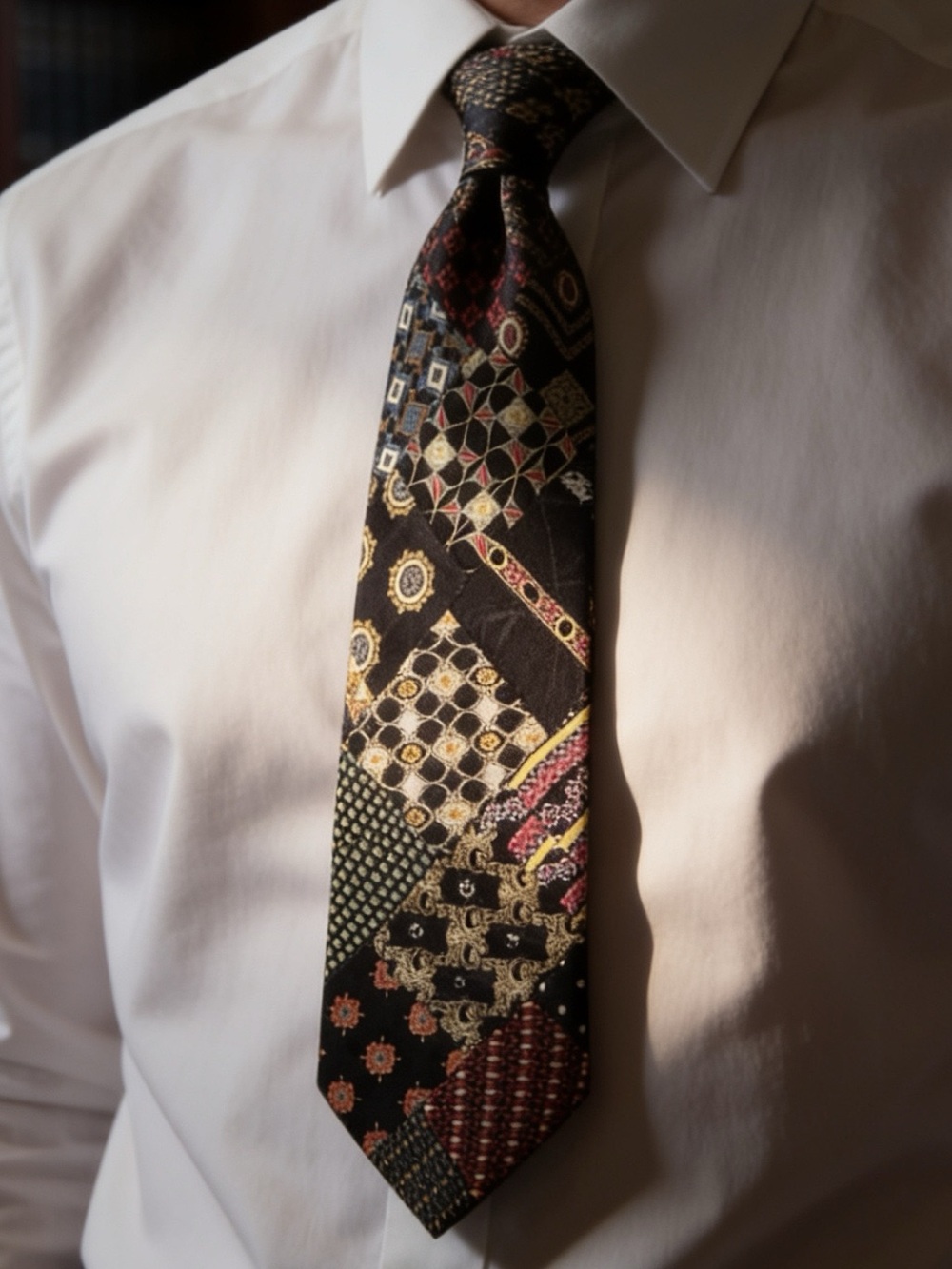 Brioni Men's Black Patchwork Pattern Silk Tie with Gold & Multicolor Accents